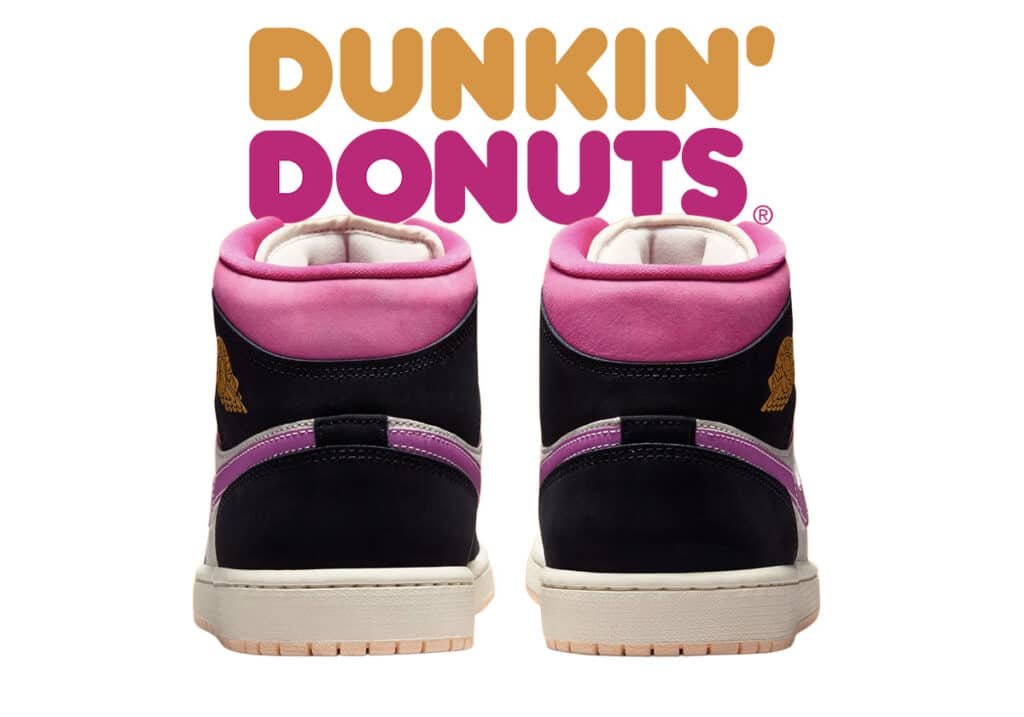 A pair of high-top Air Jordan 1 “Dunkin’ Donuts” sneakers in black, pink, and purple with a Dunkin' Donuts logo above them.