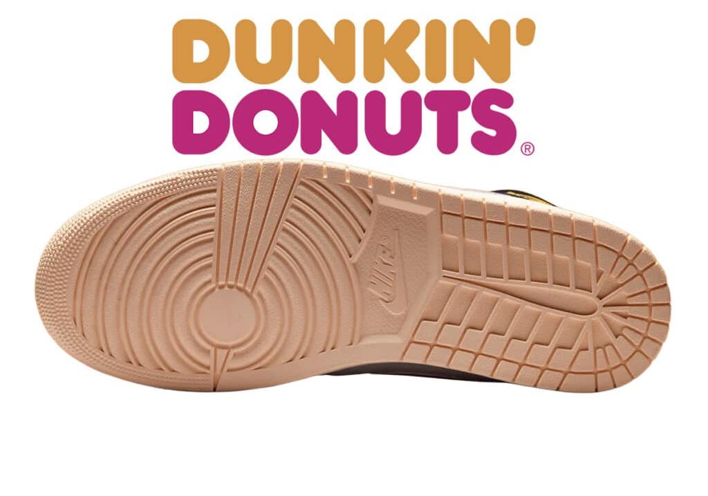 A sneaker sole with detailed tread patterns is overlaid by a Dunkin' Donuts logo above it.