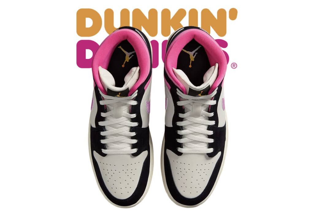 Black and white Air Jordan 1 “Dunkin’ Donuts” sneakers with pink accents, placed against a Dunkin' Donuts logo backdrop.