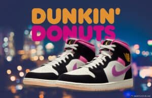 A pair of high-top sneakers with pink and black accents against a blurred city lights background, with "Dunkin' Donuts" text above.