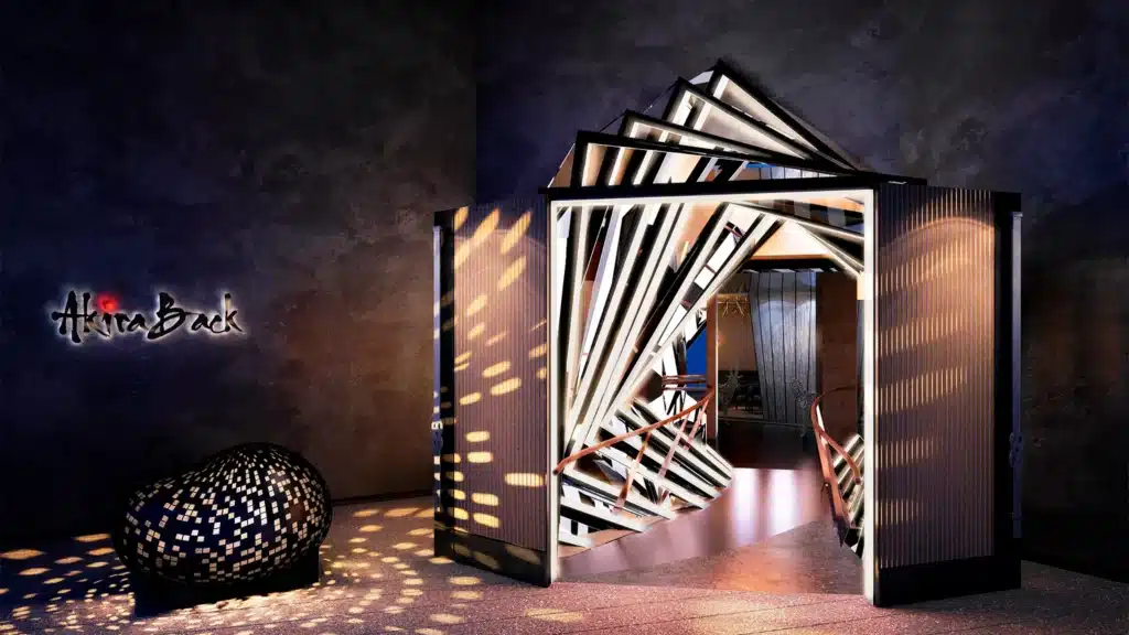 Dubai Best Sushi Restaurants: Akira Back Dubai. A modern, artistic entrance to a restaurant named 