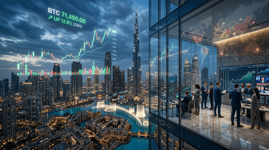 A modern office with people overlooking a city skyline at night, featuring digital Bitcoin stock graphs projected on the windows.