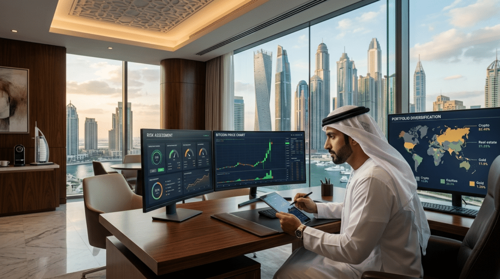 A man in traditional attire works at a desk with multiple large screens displaying financial data, set in an office overlooking a cityscape.
