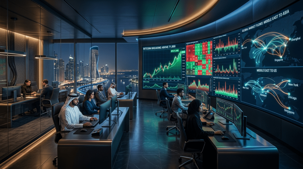 A high-tech Bitcoin trading room with multiple people monitoring cryptocurrency charts and global data on large screens, overlooking a city skyline at night.