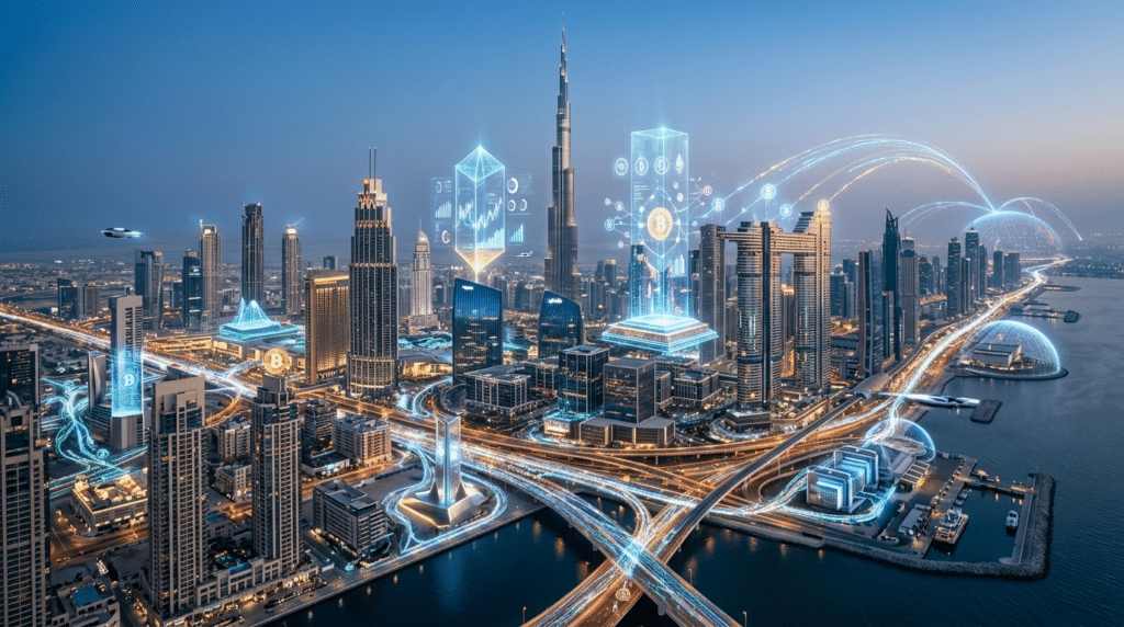 A futuristic cityscape at dusk with skyscrapers, digital graphics overlaying buildings, and flying drones.