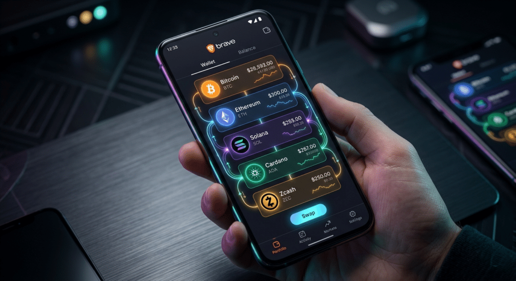 Hand holding a smartphone displaying a cryptocurrency app with various coin values, including Bitcoin and Ethereum.