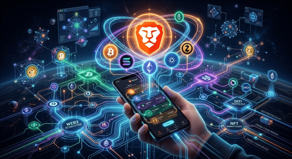 A hand holding a smartphone displaying a cryptocurrency interface, surrounded by digital icons and blockchain network graphics, with a prominent lion logo at the center.