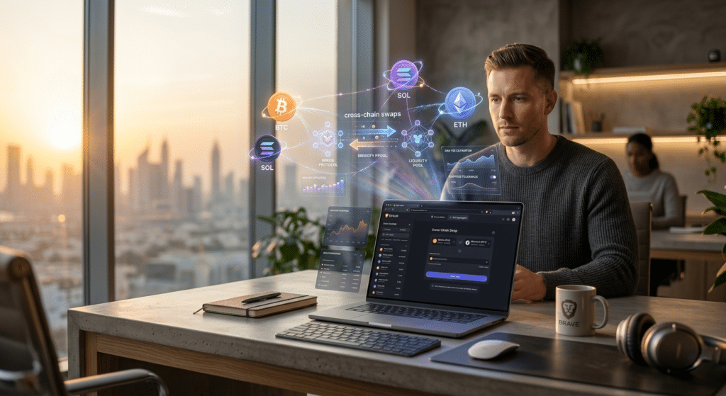 A man working on a laptop displaying cryptocurrency trading software, with digital crypto icons and graphs overlaid, against a cityscape backdrop.