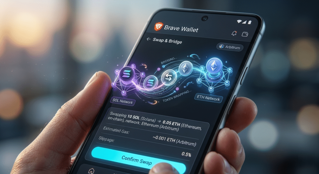 A hand holding a smartphone displaying a crypto wallet app with icons for different networks like Solana and Ethereum, ready to confirm a swap.