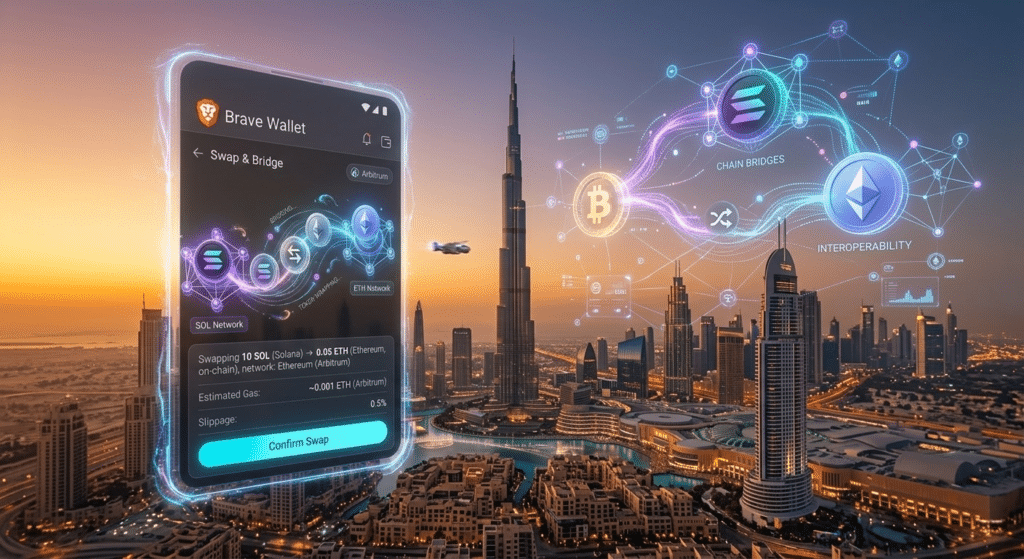 A digital wallet interface with blockchain icons over a cityscape, including Bitcoin and Ethereum logos, suggesting cryptocurrency trading.