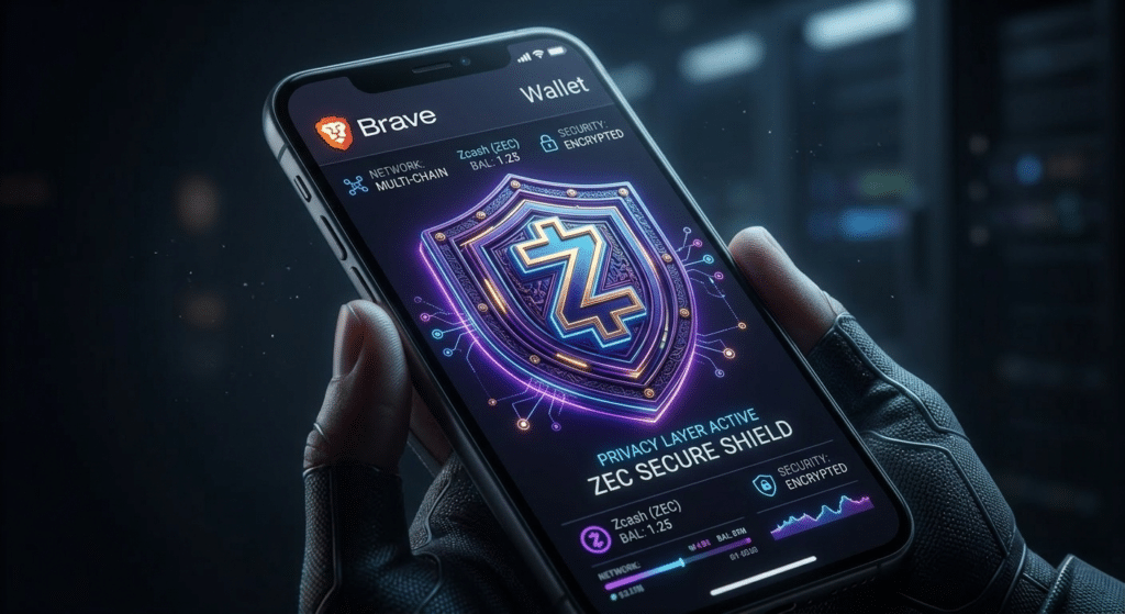 Gloved hands holding a smartphone displaying a cryptocurrency wallet app with a large digital shield icon labeled "ZEC Secure Shield."