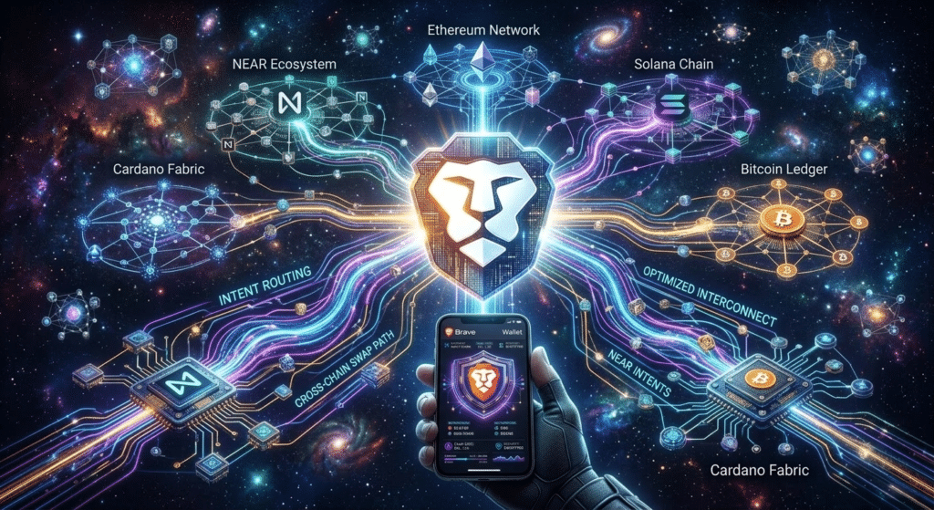 A hand holds a smartphone displaying a Brave browser logo, connected to various blockchain networks like Ethereum, Solana, and Bitcoin in a cosmic theme.