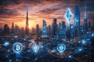 Futuristic city skyline at sunset with digital cryptocurrency symbols like Bitcoin and Ethereum floating above skyscrapers.