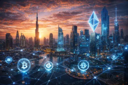 Futuristic city skyline at sunset with digital cryptocurrency symbols like Bitcoin and Ethereum floating above skyscrapers.