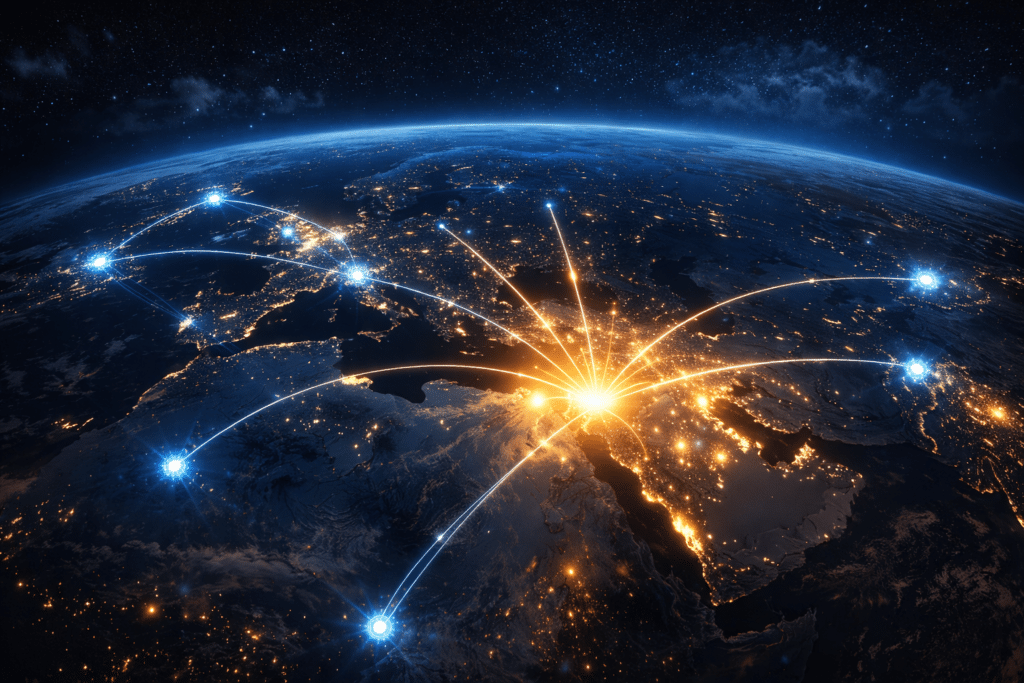 A glowing global network map showing illuminated connections between major cities across continents at night.