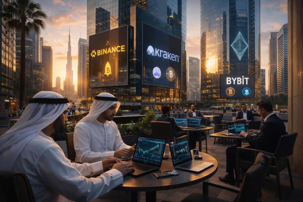 People in traditional attire work on laptops with Crypto Trading Regulations charts at an outdoor café in a modern city at sunset.