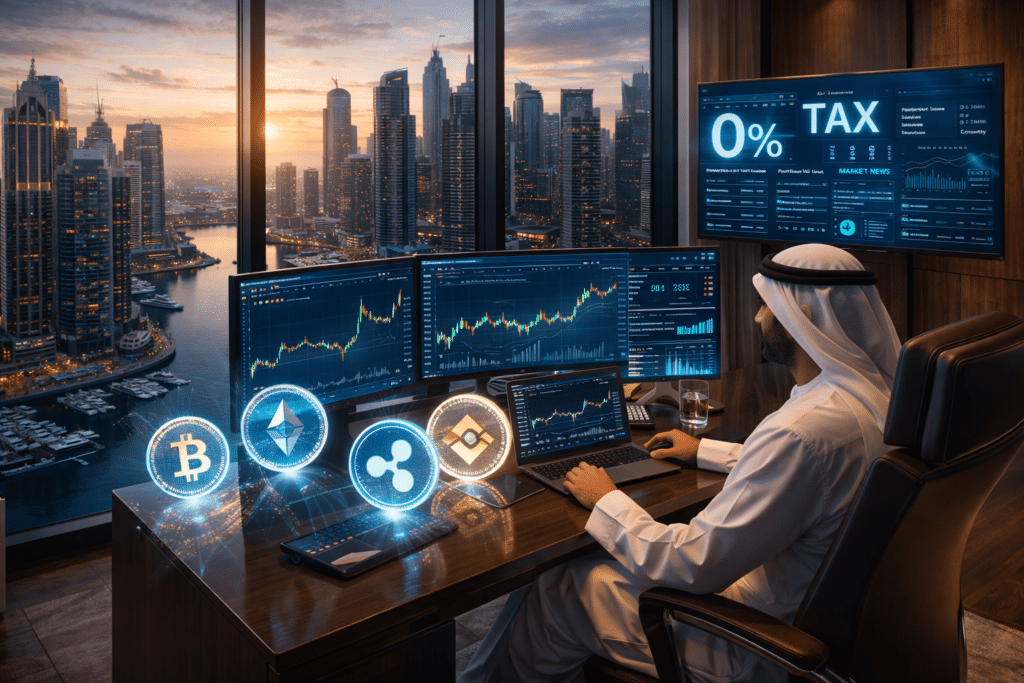 A person in traditional attire works at a desk with multiple monitors displaying Crypto Trading Regulations data, overlooking a cityscape at sunset.