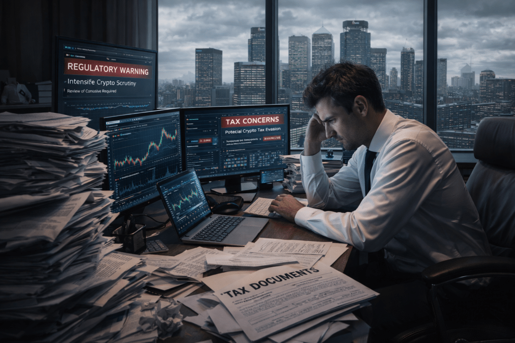 A man in an office surrounded by tax documents, multiple screens showing financial data and warnings, looks stressed.