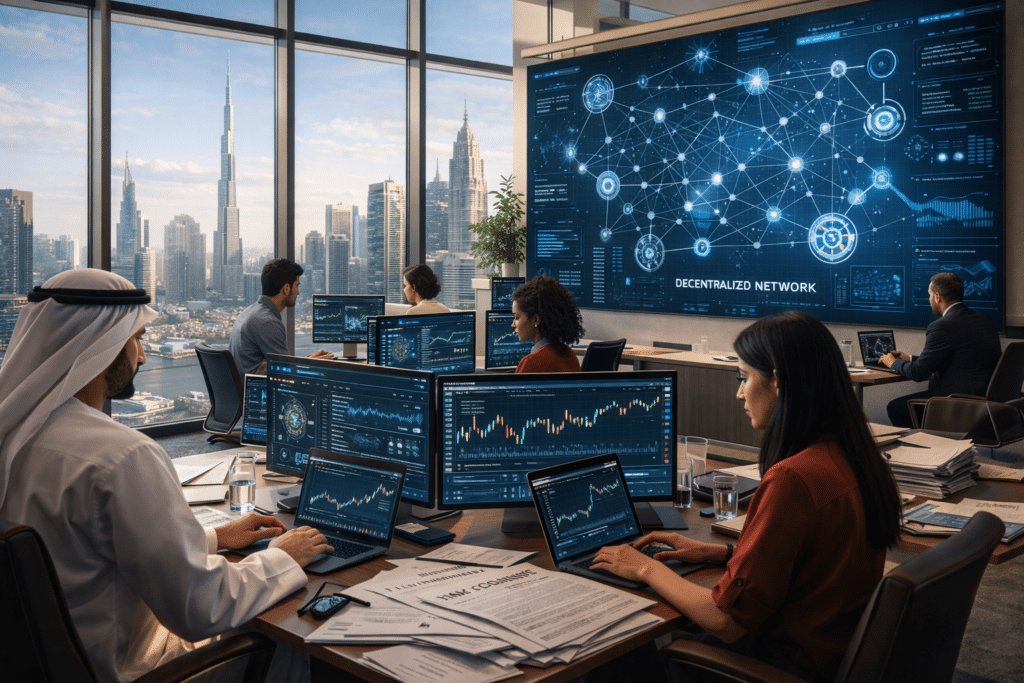 People working at computer stations in a modern office with screens displaying digital networks; a city skyline is visible through large windows.