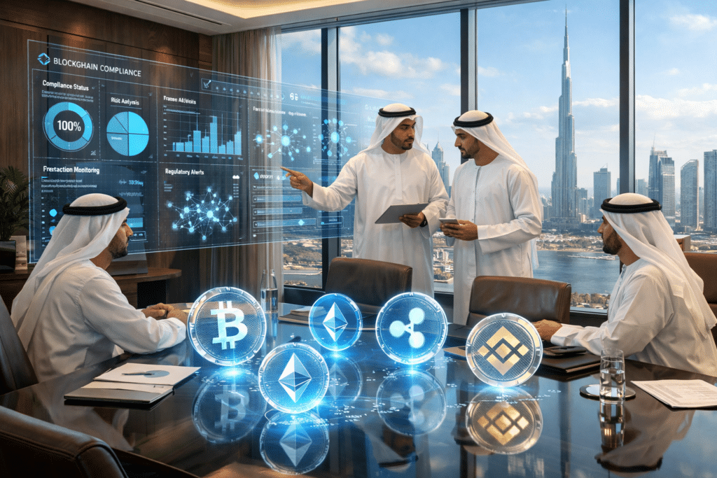 Five men in traditional attire discuss Crypto Trading Regulations compliance in an office with a city view, featuring digital icons and charts.