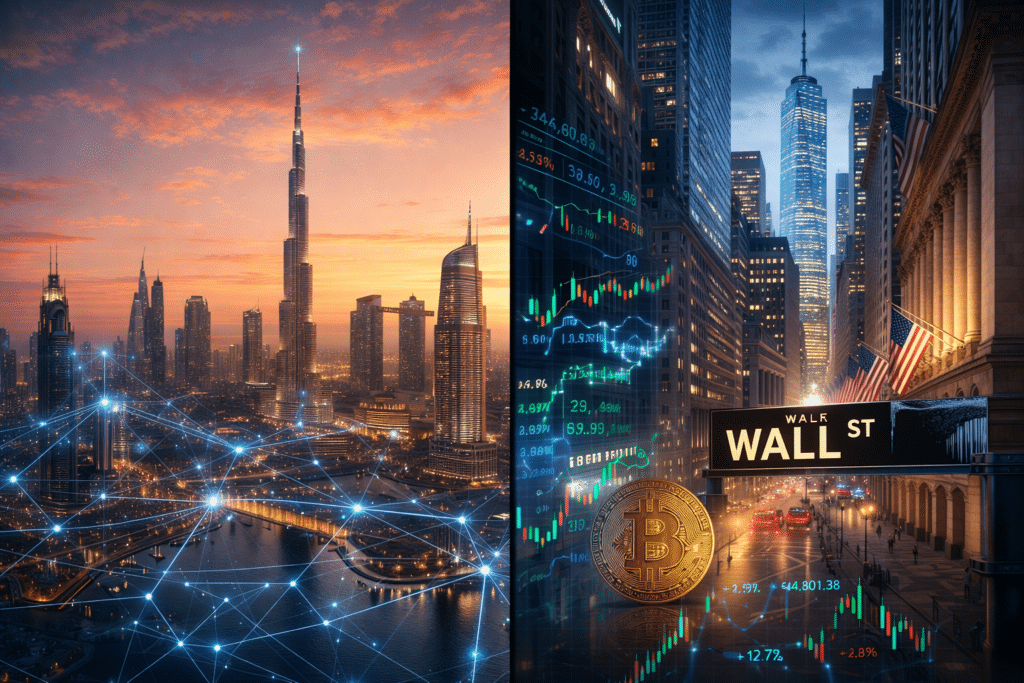 A split image showing a digital network over a sunset cityscape on the left and Wall Street with financial data and a Bitcoin symbol on the right.