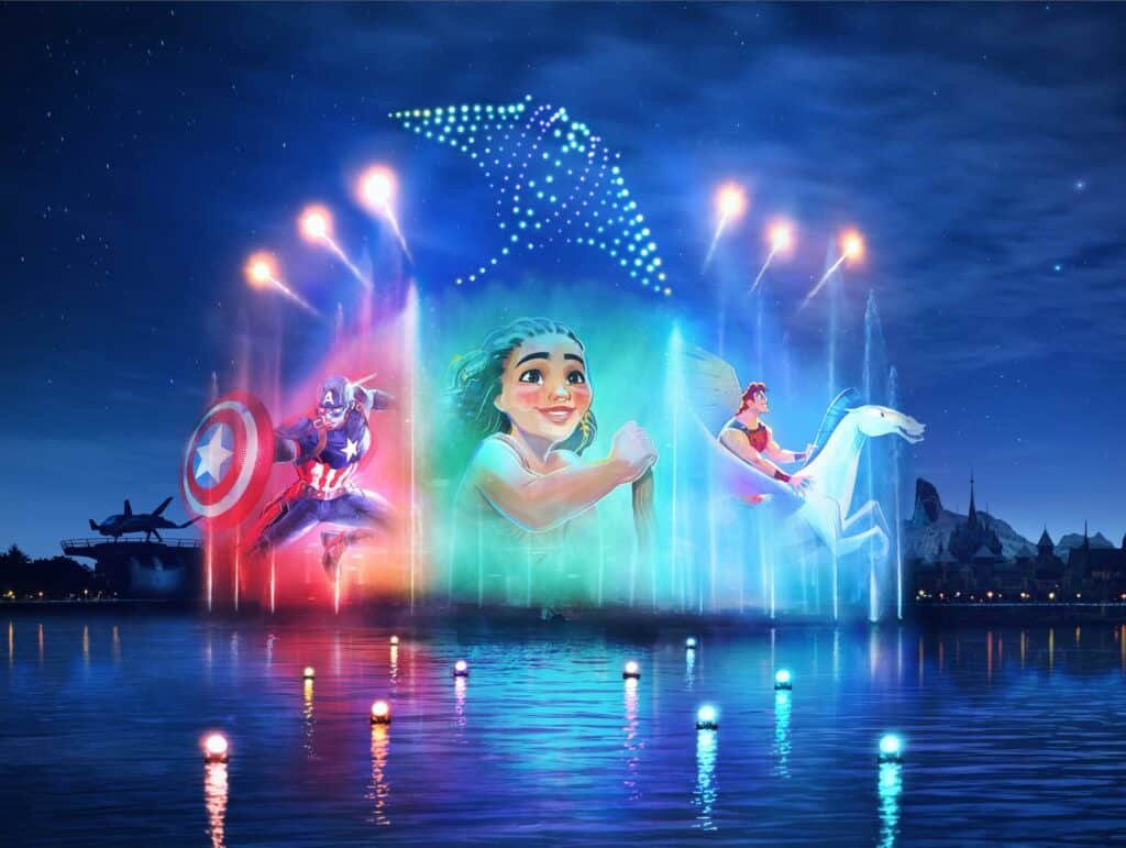 Colorful water and light show featuring Captain America, Moana, and a character riding a horse, with a star formation above.