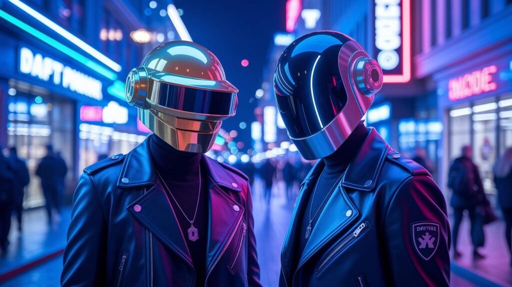 Two individuals in futuristic helmets and leather jackets stand on a neon-lit street at night.