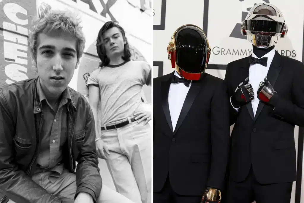 Two young men in casual clothes stand outdoors in a black-and-white photo on the left; two individuals in robot helmets and tuxedos are at a formal event on the right.