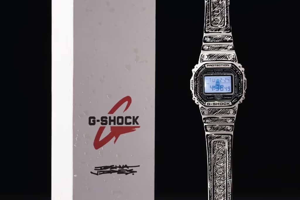 A patterned G-Shock watch with a digital display next to branded packaging with logo.