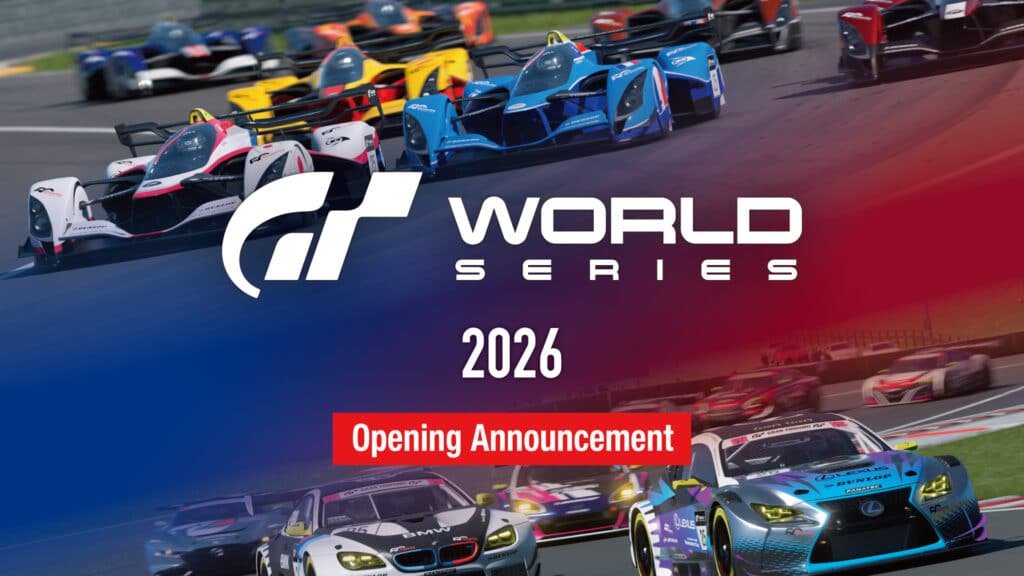 Race cars on a track with "GT World Series 2026 Opening Announcement" text overlaid.