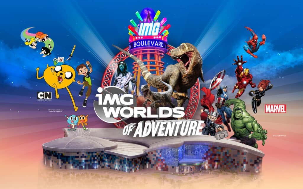 Various animated and superhero characters from Cartoon Network and Marvel surround a futuristic building labeled "IMG Worlds of Adventure."