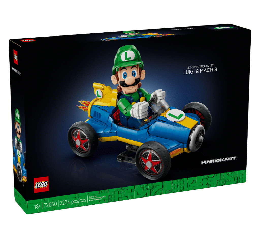 A LEGO set featuring Luigi in his Mach 8 kart from Mario Kart, with vibrant colors and a box indicating 2,234 pieces.