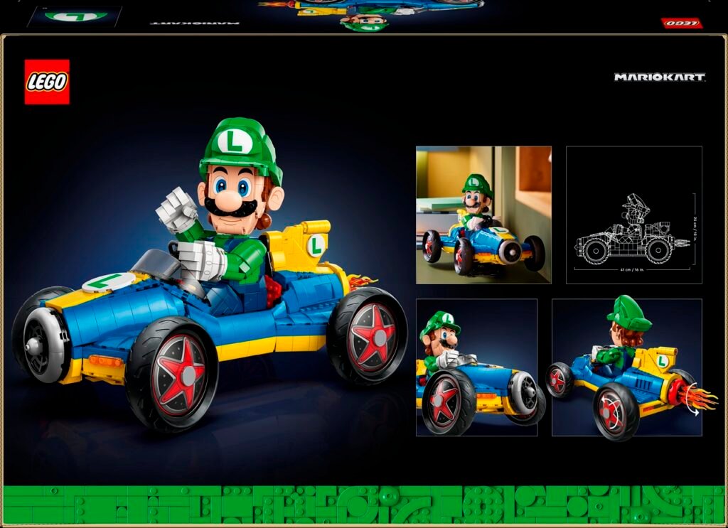 LEGO Luigi figure driving a colorful toy go-kart, with detailed side images and a design sketch.