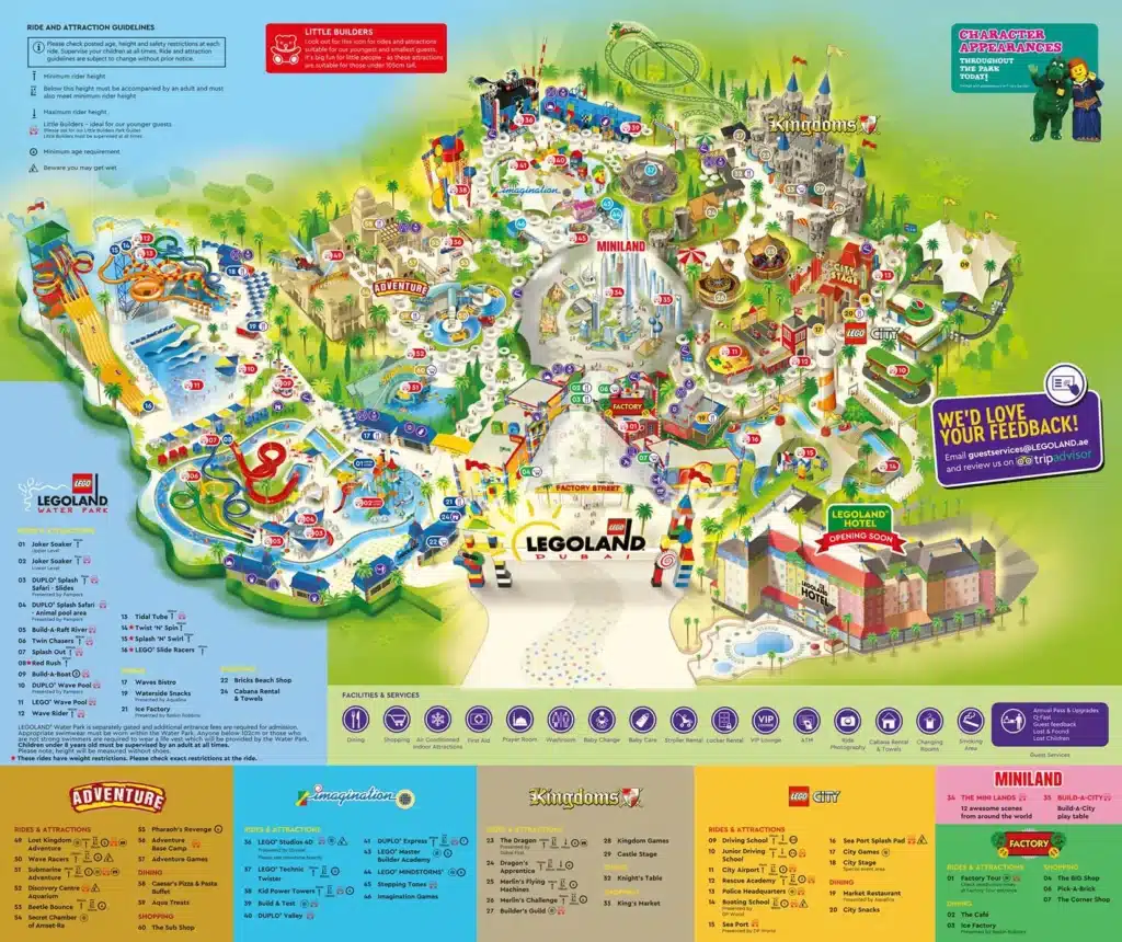Amusement park map with themed areas, rides, water attractions, and labeled sections for ease of navigation.