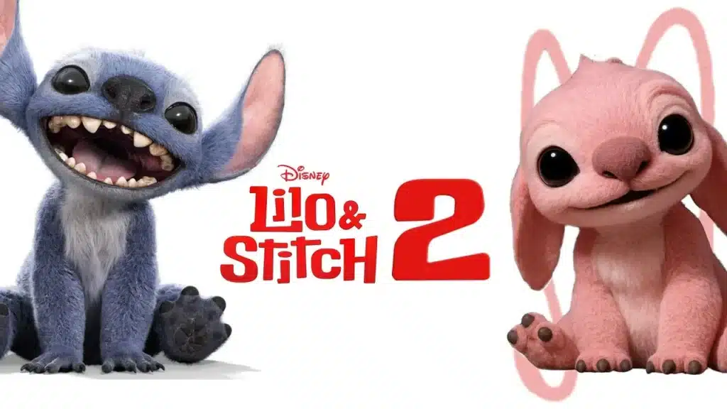 Stitch and Angel, two alien characters, sit smiling next to the "Lilo & Stitch 2" movie title.