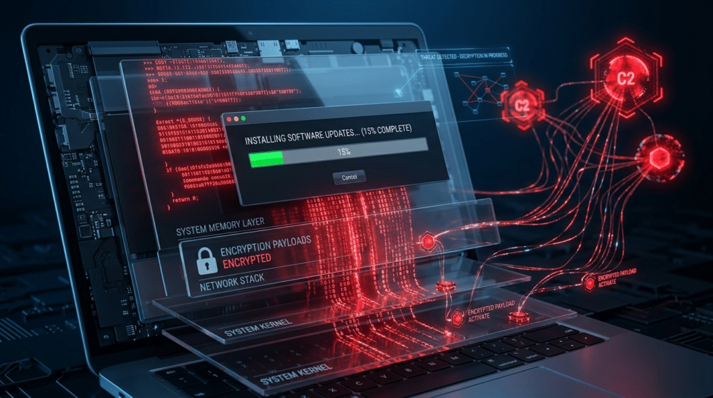 A laptop displaying an installation progress bar with digital graphics illustrating software updates and Malware Threat cybersecurity concepts.