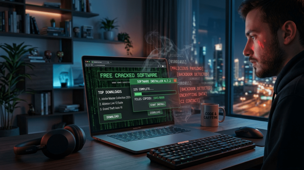 A man in a dimly lit room looks at a laptop displaying a "Free Cracked Software" website with security alerts.
