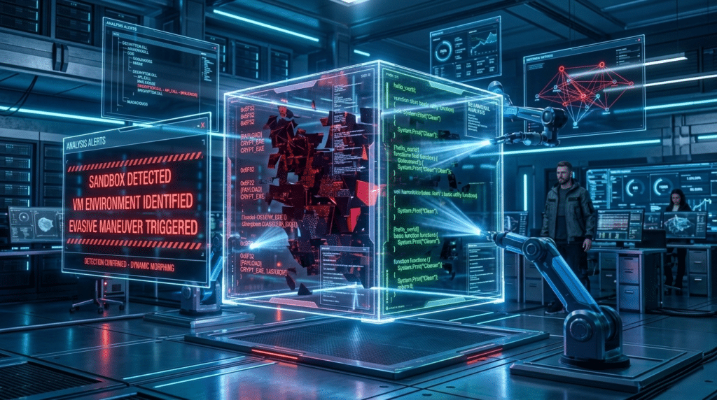 A futuristic lab with a robotic arm interacting with a glowing virtual cube displaying cybersecurity alerts.