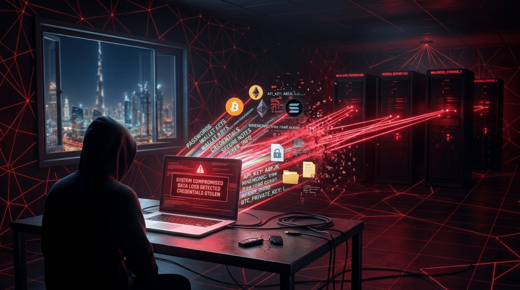 A person in a hooded sweatshirt uses a laptop in a dark room, with digital Malware Threat symbols and red light beams connecting to servers.