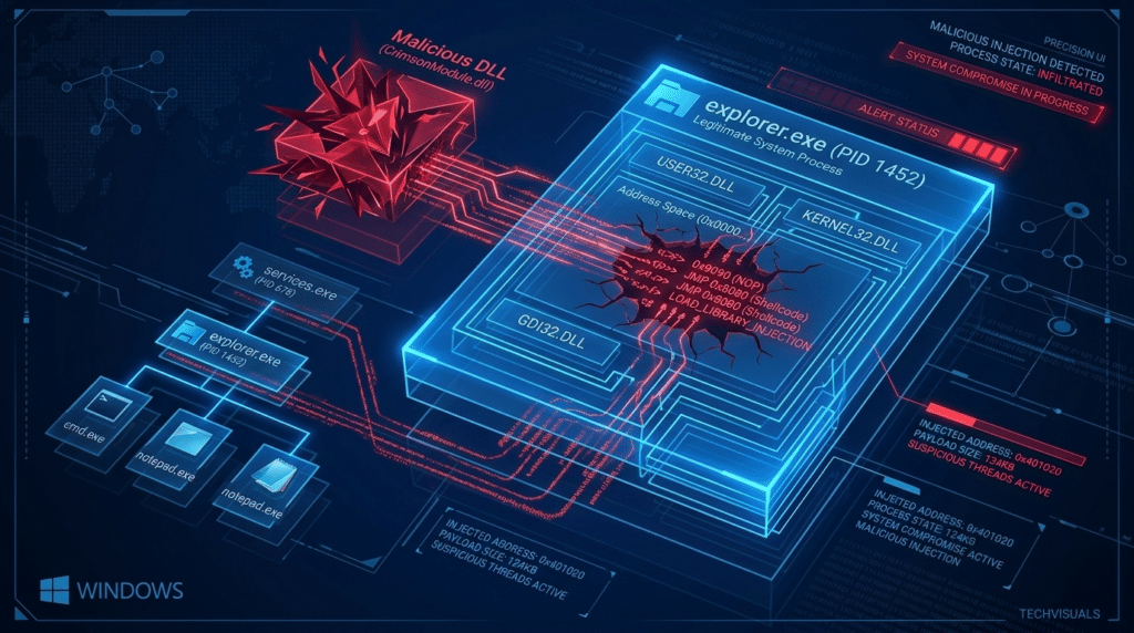 Futuristic digital illustration of a malicious DLL infiltrating a computer system, showing data flow, processes, and threat alerts.