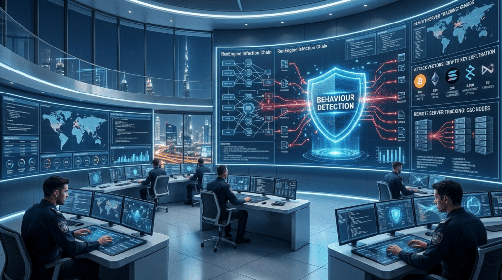 People working at computer stations in a high-tech security operations centre with large digital screens displaying cybersecurity Malware Threat data and graphics.