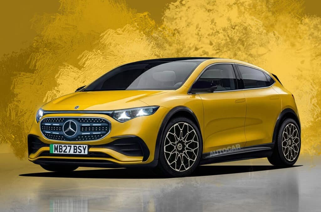 A sleek yellow Mercedes-Benz A-Class 2028 car with a futuristic design, featuring a prominent front grille and distinctive alloy wheels.