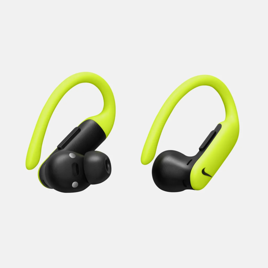 Black wireless Powerbeats Pro 2 earbuds with bright yellow ear hooks on a white background.