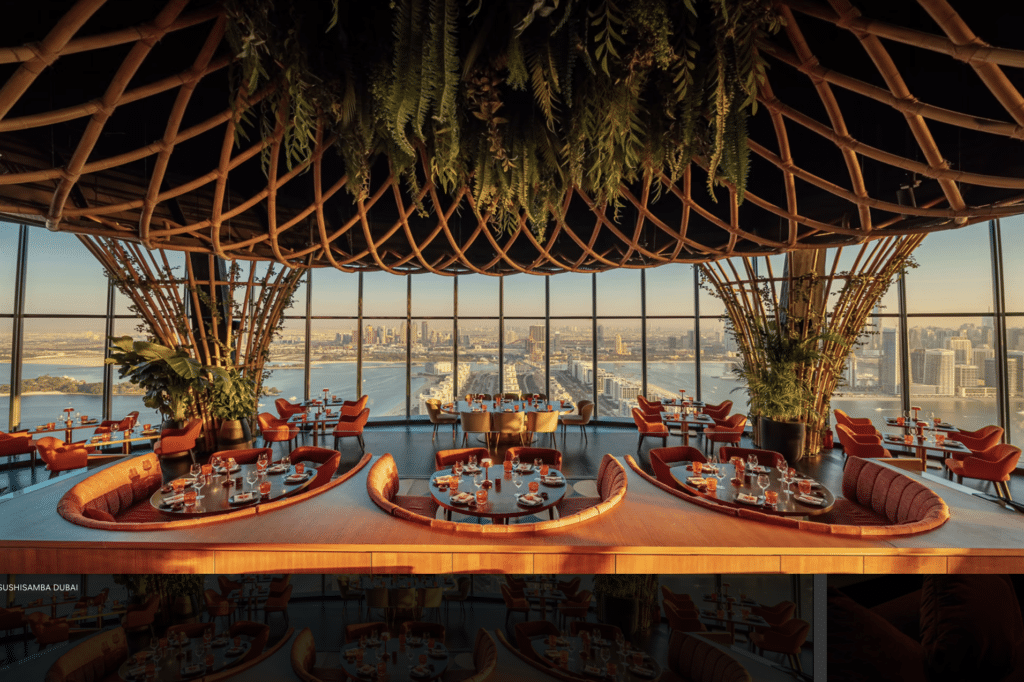Elegant restaurant interior with large windows offering a panoramic city skyline view, featuring round tables and hanging greenery.