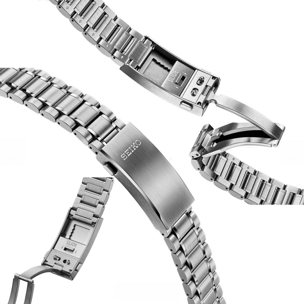 Stainless steel watch band with Seiko branding, showing detailed views of its clasp and links.