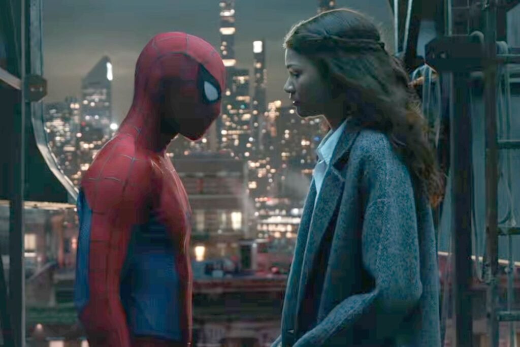 A person in a Spider-Man suit stands face to face with a woman on a rooftop, with a city skyline in the background.
