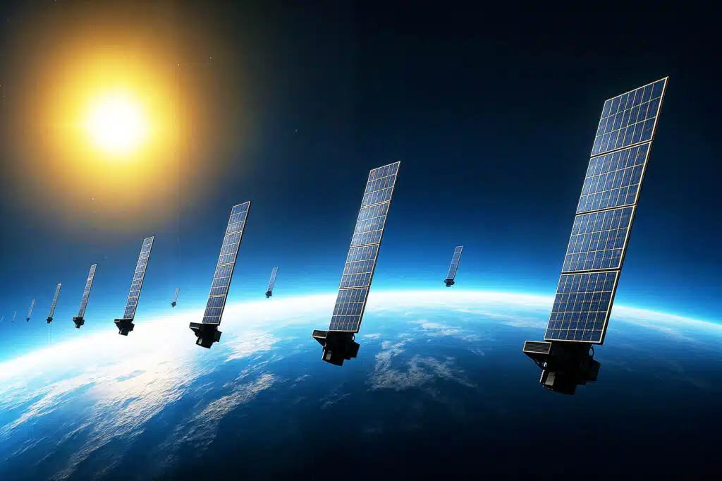 Array of satellites orbiting Earth with solar panels, beneath a bright sun in space.