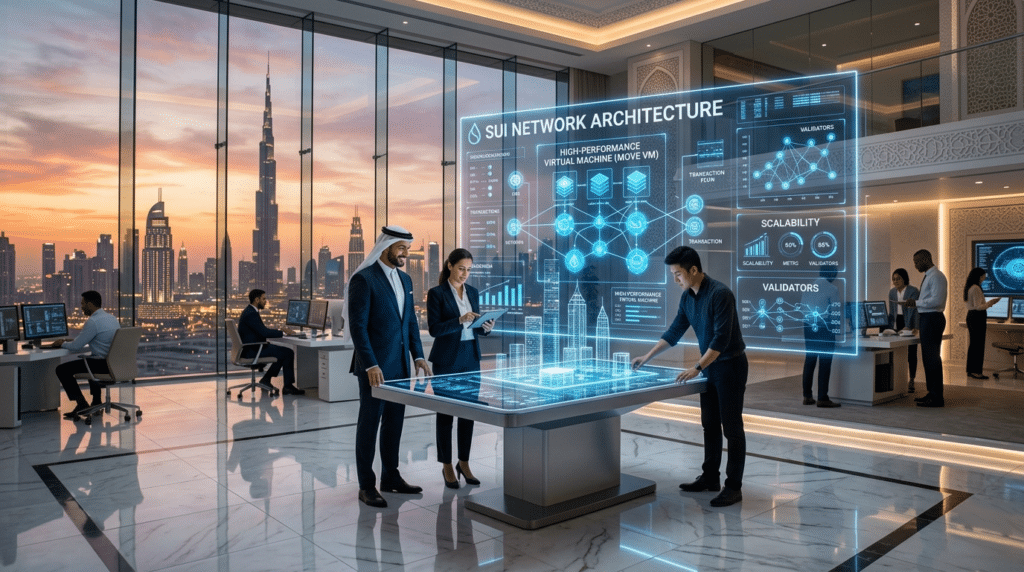 People in a modern office interact with a digital display showing a Sui VM Upgrade network architecture diagram, with a city skyline visible through the windows.