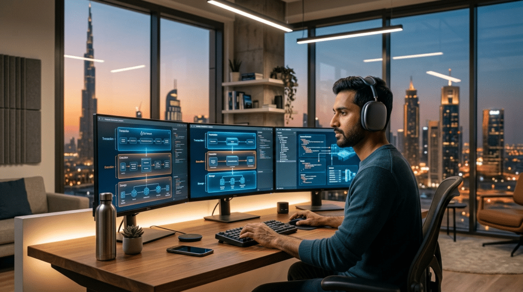 A person wearing headphones works at a desk with multiple Sui VM Upgrade monitors displaying complex software diagrams, in an office overlooking a city skyline at sunset.