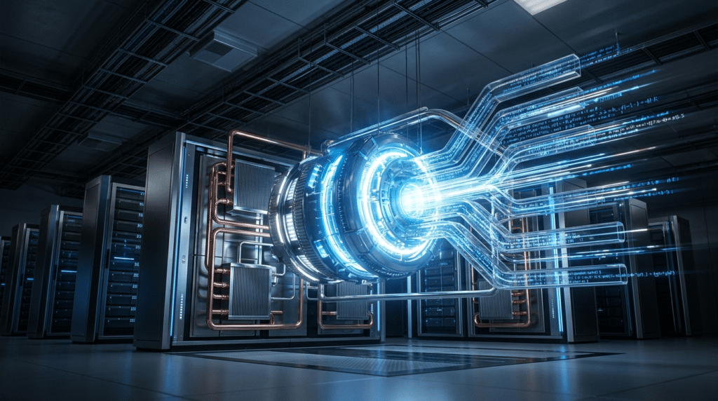 Futuristic data server room with a glowing, holographic network structure in the center, surrounded by rows of server racks.